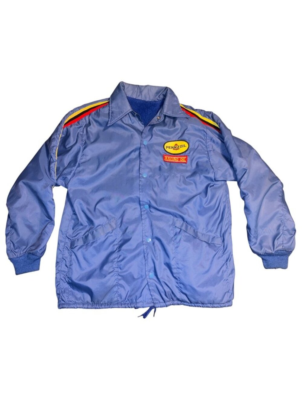 VTG 1970's Pennzoil Racing Oil Blue Snap Jacket Striped Sleeves Lrg Back Patches